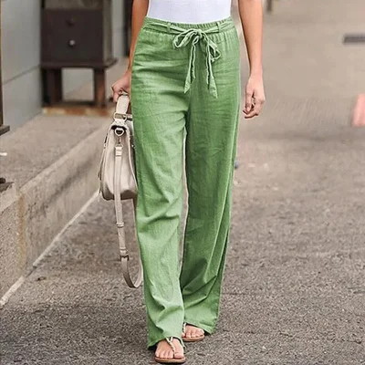 Casual Cotton Linen Elastic Waist Loose Straight Pants