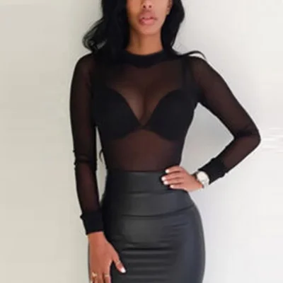 Sexy Women Long Sleeve Sheer Slim Ladies See Through Transparent Mesh Tops