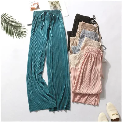Summer Wide Leg Pleated Elastic Waist Ice Silk Casual Pants