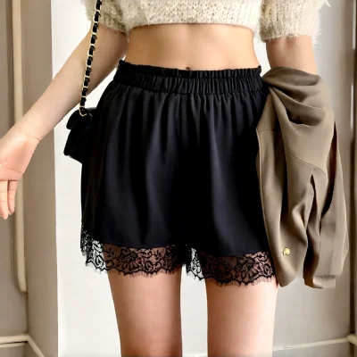 Spring Summer Black Shorts Sexy Casual Lace Trim Hem Elastic Waist Daily Versatile Bottoms