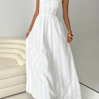 Square Neck Smock Waist Side Zipper Long Dress