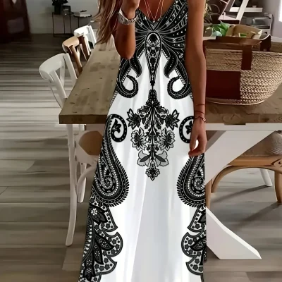 Flower Printed V-neck Exotic Bohemian Vacation Style Strap Dress