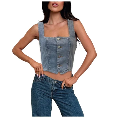 Slim Fit Square Neck Button Down Denim Vest Top