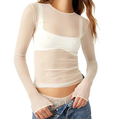 Slim Fit Long Sleeve Crew Neck Dots See-through Top