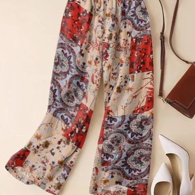 Vintage Floral Paisley Printed Elastic Waist Casual Wide Leg Pants