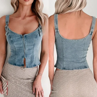 Spaghetti Straps Slim Fit Sleeveless Denim Crop Top