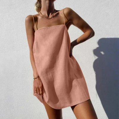Casual Cute Cotton Linen Spaghetti Strap Short Sundress